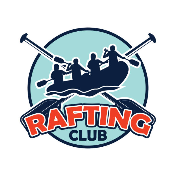 illustrazioni stock, clip art, cartoni animati e icone di tendenza di insegne rafting con spazio di testo per il tuo slogan / tag line, illustrazione vettoriale - extreme sports rafting team sport white water rafting