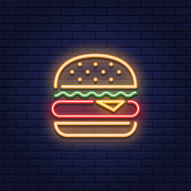 네온 버거 푸드 아이콘 로고 - take out food burger bun hamburger stock illustrations