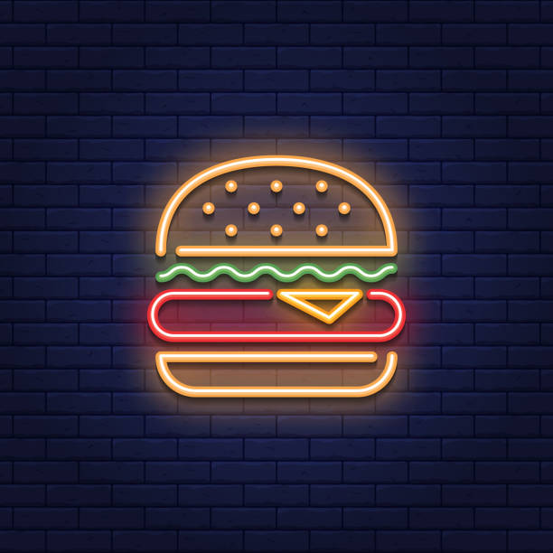 neon burger żywności ikona logo - burger hamburger cheeseburger fast food stock illustrations