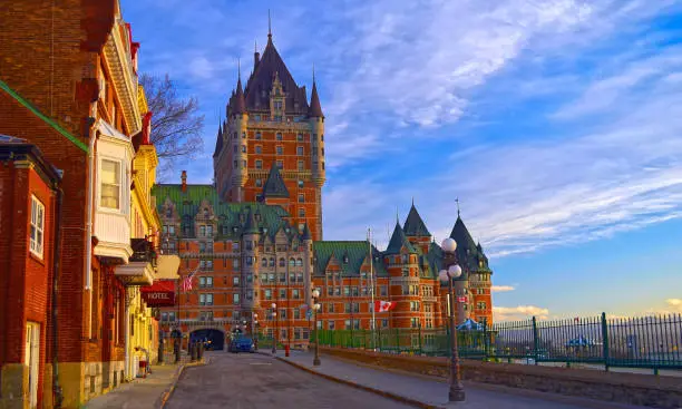 Image taken in the early morning from the street next to the boardwalk by the Château Frontenac in Quebec City, Quebec, Canada.