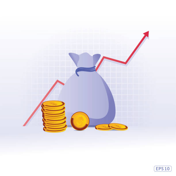 Gold coin with graph arrow & Money bag. Gold coin with graph arrow & Money bag. Saving money bag. Money collected for charity. Vector illustration flat design. Graphic design. bag of coins stock illustrations