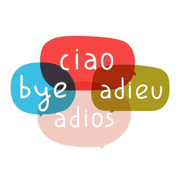 sprechblasen - ciao, bye, adieu, adios. zweisprachiges übersetzungskonzept. - ciao stock-grafiken, -clipart, -cartoons und -symbole