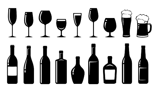 restaurant alcohol set of isolated wine, vodka, cognac, liquor bottles and glasses silhouettes