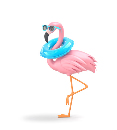 Funny flamingo in sunglasses with inflatable ring isolated on white.  3D rendering with clipping path
