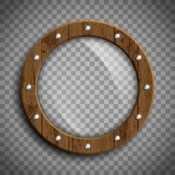 Vector illustration of Round window porthole. Wooden frame. Template isolated on a transparent background.