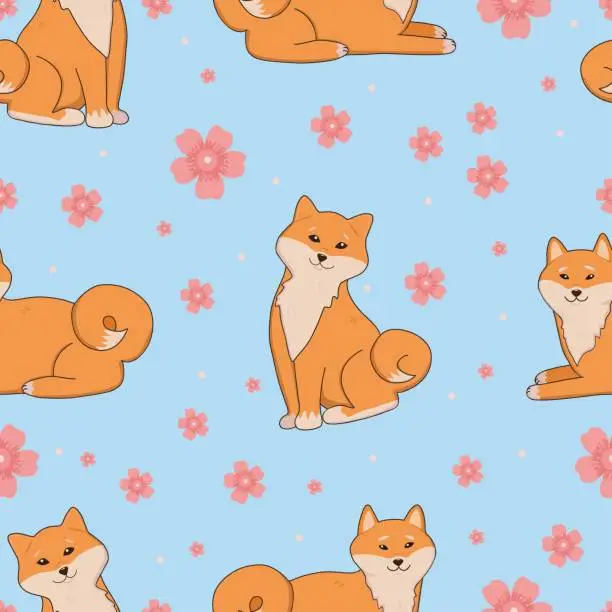 Vector illustration of Cute dog seamless pattern with sakura flowers on lue background..