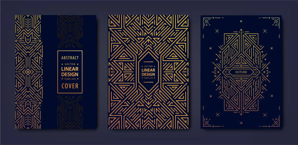 ilustrações de stock, clip art, desenhos animados e ícones de set of vector art deco golden covers. creative design templates. trendy graphic poster, gatsby brochure, design, packaging and branding. geometric shapes - 1930