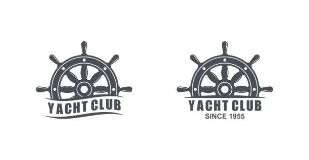 Vector drawing of a marine helm, text and wave. Illustration on the marine theme. Set of black and white logos of yacht club on a white background. nautical compass stock illustrations