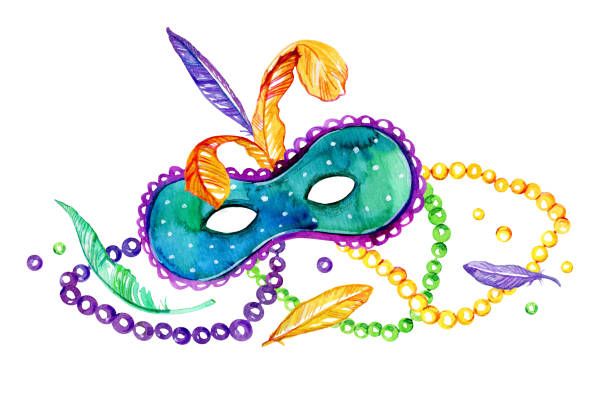 Composition for Mardi Gras. Group of traditional objects. Mask, beads and feathers. Hand drawn watercolor illustration on white background Composition for Mardi Gras. Group of traditional objects. Mask, beads and feathers. Hand drawn watercolor illustration on white background new orleans mardi gras stock illustrations