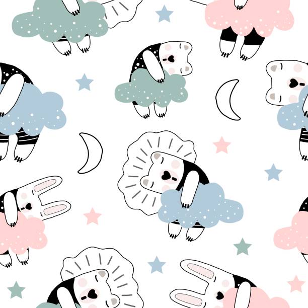 Seamless pattern animal sleeping on the cloud on white background Hand drawn vector illustration cute cartoon Scandinavian style pastel color seamless pattern animal sleeping on the cloud on white background for baby textile, apparel, linen texture or decoration czech lion stock illustrations
