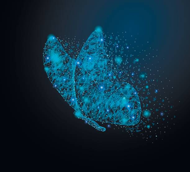 istock Dark blue isolated illustration flying butterfly concept.  Polygonal wireframe closeup in the form of a starry sky, lines, dots, polygon 1201385460