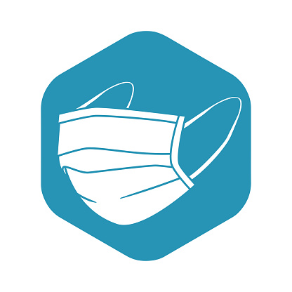 Medical mask icon. Protection against viruses, and diseases transmitted by airborne droplets. White mask on a blue hexagon in a simple style. Vector illustration for design and web, isolated.