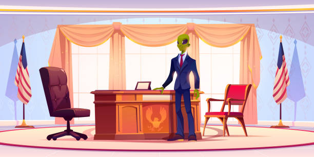 Funny alien business man or president in office Funny alien business man or president stand in office with large windows, table, chairs and United States flags. Humanoid monster with green skin, wide eyes in formal suit. Cartoon vector illustration political joke stock illustrations