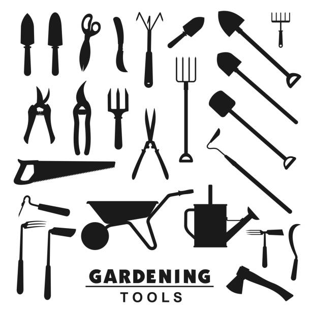 Gardening tools, farmer agriculture equipment Garden and farming tools silhouette icons, rake and farm fork, gardener equipment. Vector soil cultivating and gardening trowel, tree secateurs, saw and watering can, pitchfork and wheelbarrow trowel shovel gardening equipment isolated stock illustrations