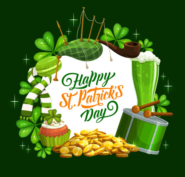 Happy St Patrick day banner, Irish bagpipes Irish St Patrick day holiday celebration shamrock clover and green ale beer mugs, pints. Vector Patricks day greeting with symbols Irish bagpipes, leprechaun gold coins and drum celtic culture celtic style star shape symbol stock illustrations