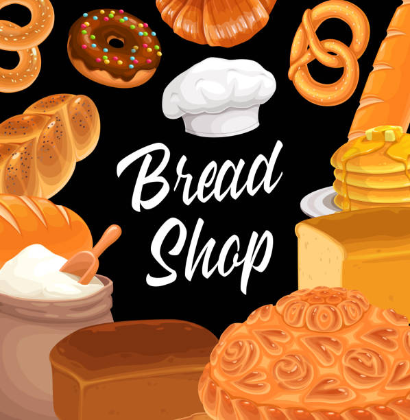 ilustraciones, imágenes clip art, dibujos animados e iconos de stock de pasteles de trigo de la tienda de pan, baguette y croissant - pretzel sesame vector snack
