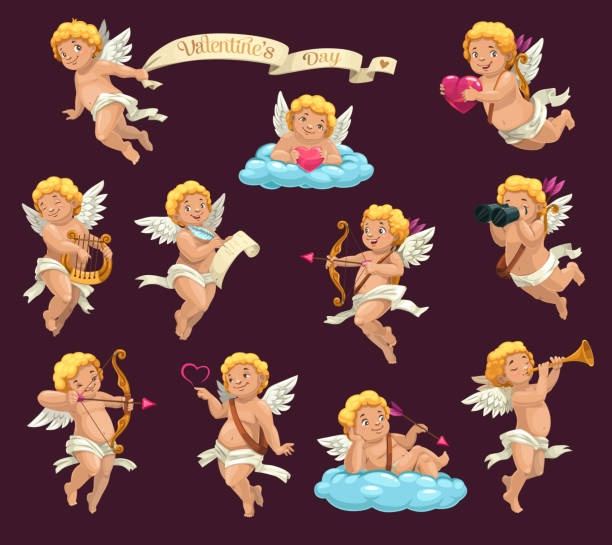 Cupids with hearts and love arrows. Valentines Day Cupid angels cartoon vector characters of Valentines Day holiday. Cartoon Amurs or cherubs flying with hearts, arrows and bows, love letter, harp and pipe, clouds, binoculars and vintage ribbon banner cupid stock illustrations