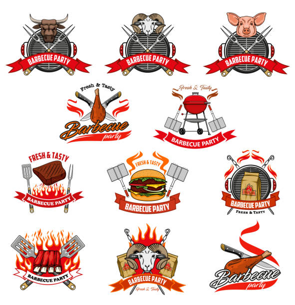 バーベキューパーティー、炭バーベキュー火災、肉のアイコン - barbecue grill chef barbecue sausage点のイラスト素材／クリップアート素材／マンガ素材�／アイコン素材