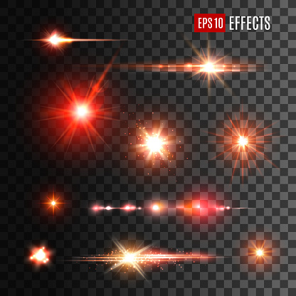Shine light effects, vector red sparkles and glow with lens flares on transparent background. Shiny star burst and sun beams or rays with sparkles, glare flashes and glowing stripes