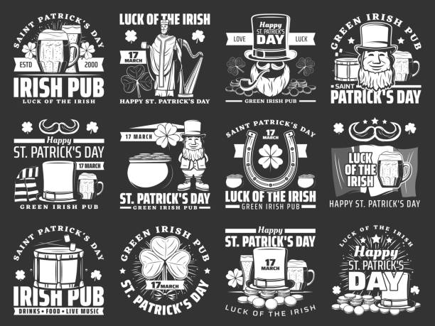 dzień świętego patryka, symbole wektorów wakacyjnych - st patricks day irish culture pub clover stock illustrations