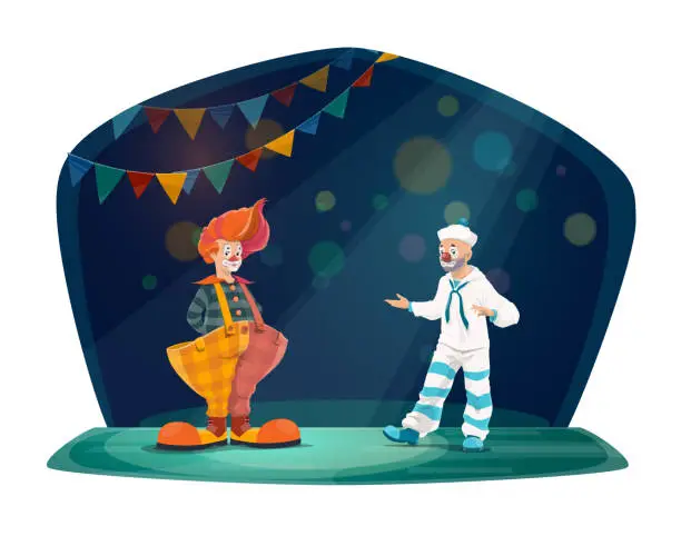 Vector illustration of Clown and mime artist on circus stage