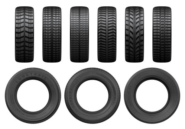 Car tires tread tracks, vector Car black tires, vector realistic isolated tyre objects. Car wheel tyres of different types, summer and winter tread track pattern, front and side view all season tire stock illustrations