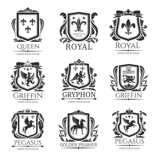 эмблемы королевской геральдики, иконы геральдических животных - heraldic griffin sword crown stock illustrations