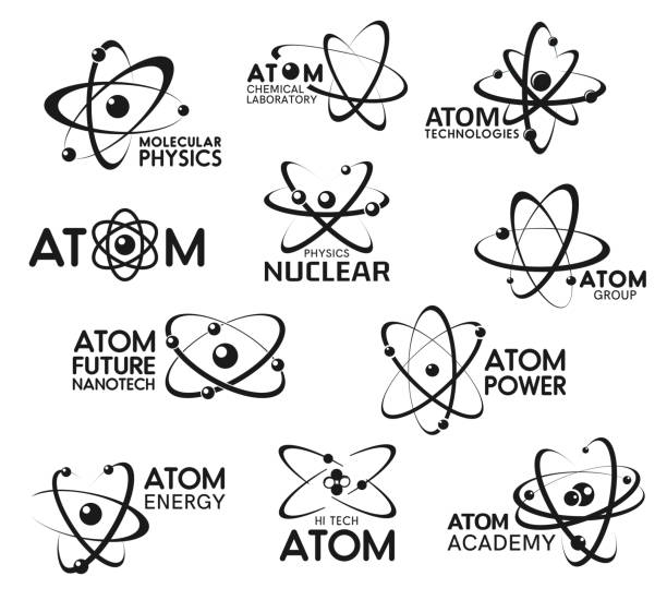 Atom, nuclear physics and molecular technology Atom icons, molecular technology and atomic physics signs. Vector chemical laboratory, atom science and nanotech research symbols, nuclear physics academy, atom power and energy company atom illustrations stock illustrations