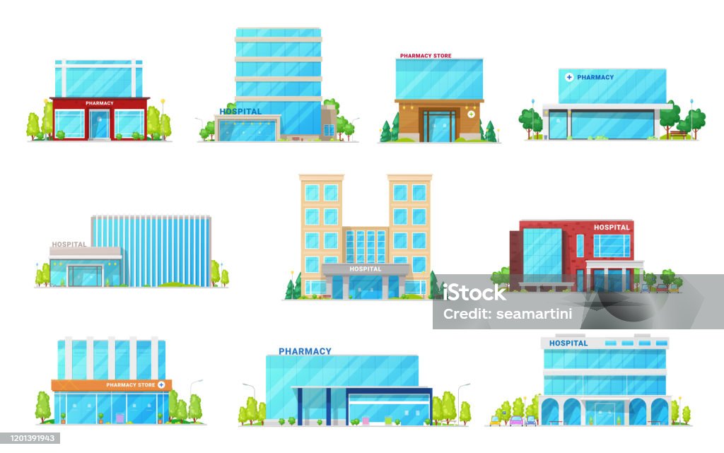 Medical hospital and pharmacy building icons Hospital and pharmacy store, medical and healthcare building vector icons. Exteriors of health clinic, ambulance center, ambulatory and pharmacy with glass entrance doors and glossy facades Hospital stock vector