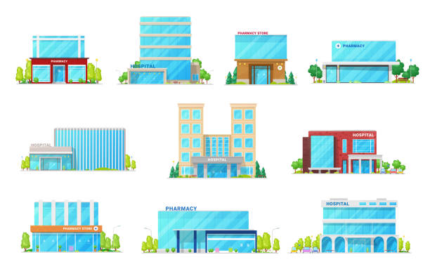 Medical hospital and pharmacy building icons Hospital and pharmacy store, medical and healthcare building vector icons. Exteriors of health clinic, ambulance center, ambulatory and pharmacy with glass entrance doors and glossy facades building entrance illustrations stock illustrations