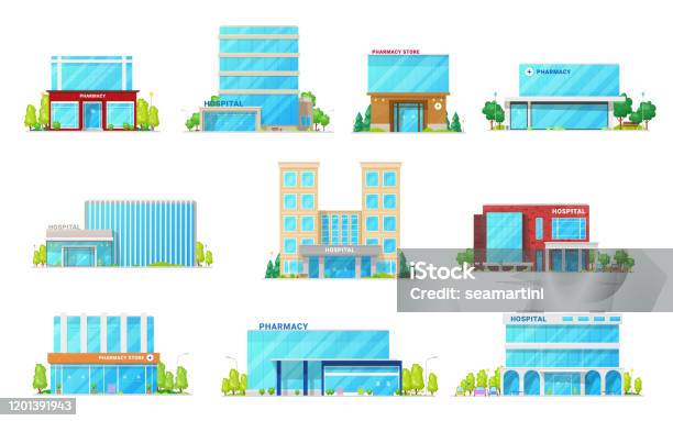 Medical Hospital And Pharmacy Building Icons Stock Illustration - Download Image Now - Hospital, Construction Industry, Vector