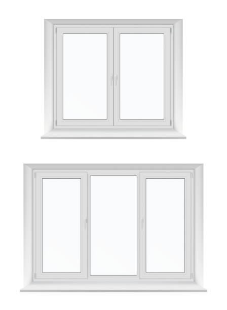 ilustrações de stock, clip art, desenhos animados e ícones de plastic windows with white frames, glass and sills - mullion windows