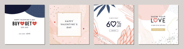Universal Valentine's Templates_04 Happy Valentine's Day greeting cards. Trendy abstract square art templates. Suitable for social media posts, mobile apps, banners design and web/internet ads. pink background illustrations stock illustrations
