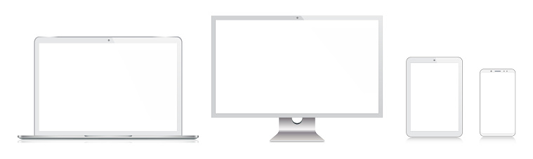 Vector PC Monitor, TV, Laptop, Tablet, Smartphone, Mobile Phone In Silver Color With Reflection, Realistic Vector Illustration