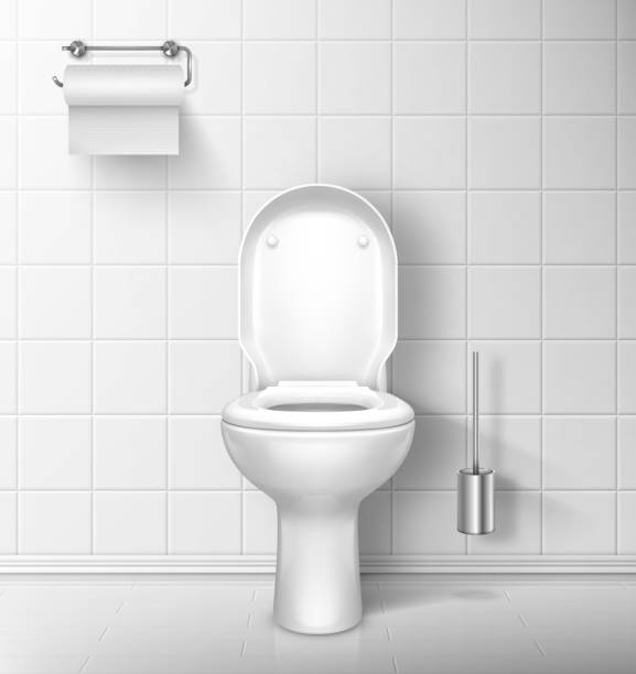 istock Toilet bowl in bathroom with paper roll and brush 1201393334