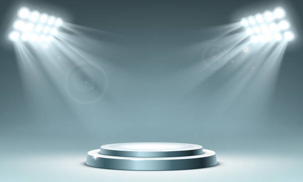 Round podium illuminated by spotlighs Round podium illuminated by spotlighs. Circular stand for exhibition. Vector realistic mockup of round pedestal for display award or winner, presentation platform in showroom with projector lights stage performance space illustrations stock illustrations