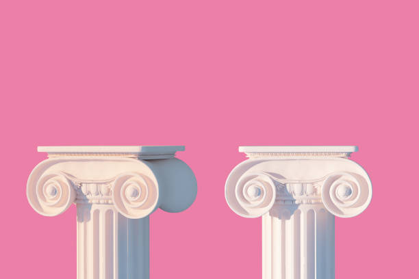 le piédestal antique blanc de colonne a isolé le fond rose de pièce de musée, plate-forme grecque de pilier, rendu 3d - chapiteau colonne architecturale photos et images de collection