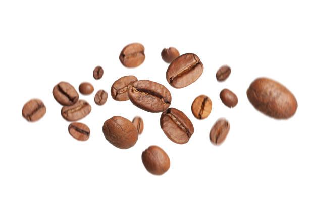 roasted coffee beans fly from top to bottom with a motion effect on a white background roasted coffee beans fly from top to bottom with a motion effect on a white background. arabica coffee drink photos stock pictures, royalty-free photos & images