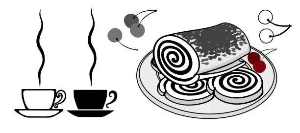 Vector illustration of Illustration of a roll of chopped chocolate with cherries and two symbolic cups of coffee