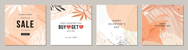 Universal Valentine's Templates_02 Happy Valentine's Day greeting cards. Trendy abstract square art templates. Suitable for social media posts, mobile apps, banners design and web/internet ads. holiday email templates stock illustrations
