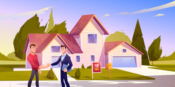 sprzedaż domu deal realtor uścisnąć dłoń z właścicielem domu - house sale real estate agent sign stock illustrations