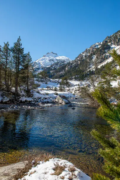 Photo of small river in the snowy Pyrenees mountains, near Pont Espagne