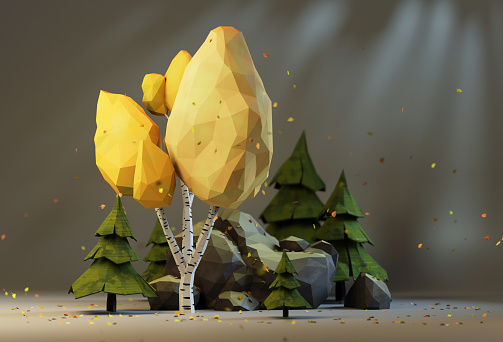 Several fir trees and autumn birch grow around a rock. Yellow leaves fly and swirl in the air. A digitally generated image, low poly three dimensional drafting