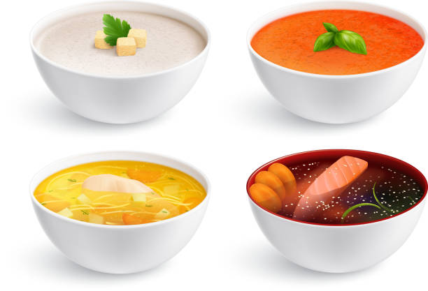 ilustraciones, imágenes clip art, dibujos animados e iconos de stock de sopa conjunto realista - soup chicken soup chicken noodle soup food