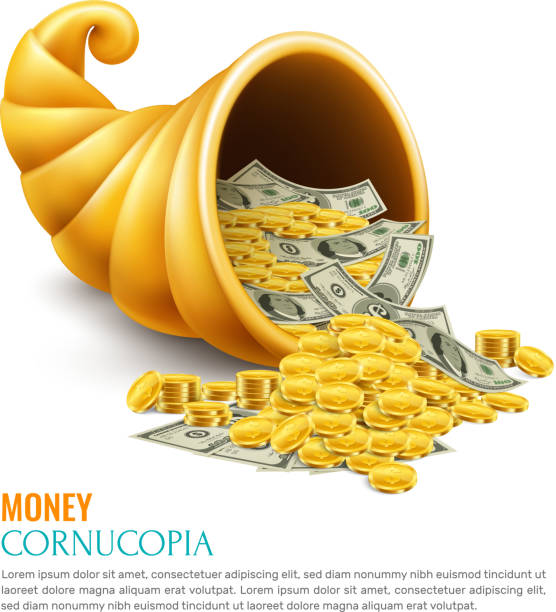 cornucopia money realistic Money cornucopia as symbol of Generosity success luck wealth on business realistic design concept vector illustration cornucopia stock illustrations