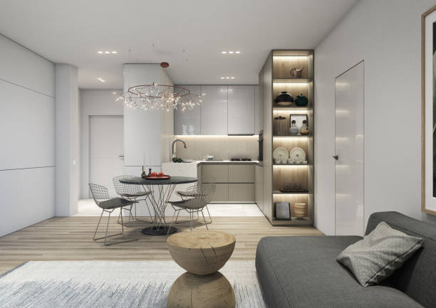 istock Visualisation of modern kitchen, with some living room details. 1201405712