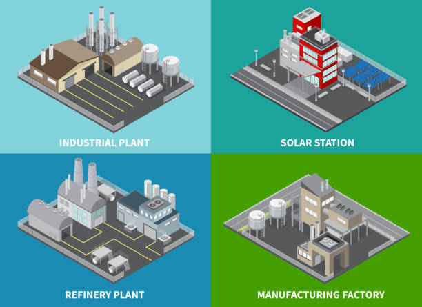 isometric industrial buildings 2x2 Industrial buildings concept icons set with refinery plant and solar station isometric isolated vector illustration steel mill stock illustrations