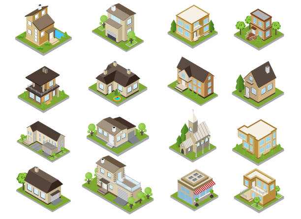 suburbia buildings isometric set Suburbia buildings icons set with townhouses and church isometric isolated vector illustration modern house driveway stock illustrations