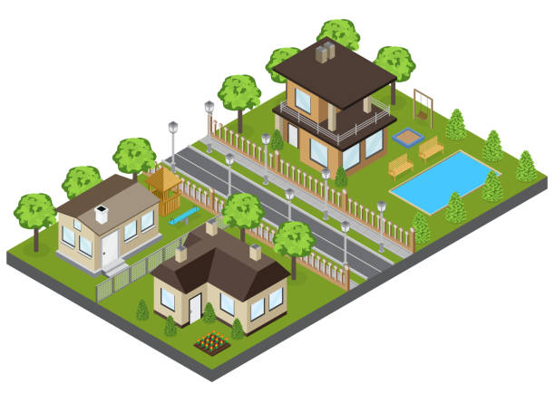 suburbia area background isometric Suburbia area buildings with town houses and cottages isometric vector illustration modern house driveway stock illustrations