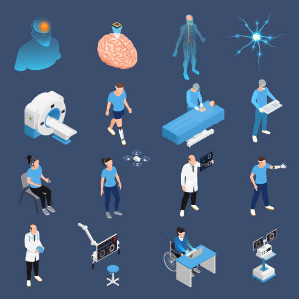 ilustrações, clipart, desenhos animados e ícones de ícones isométricos da cirurgia neural neurologia - neuropathologist